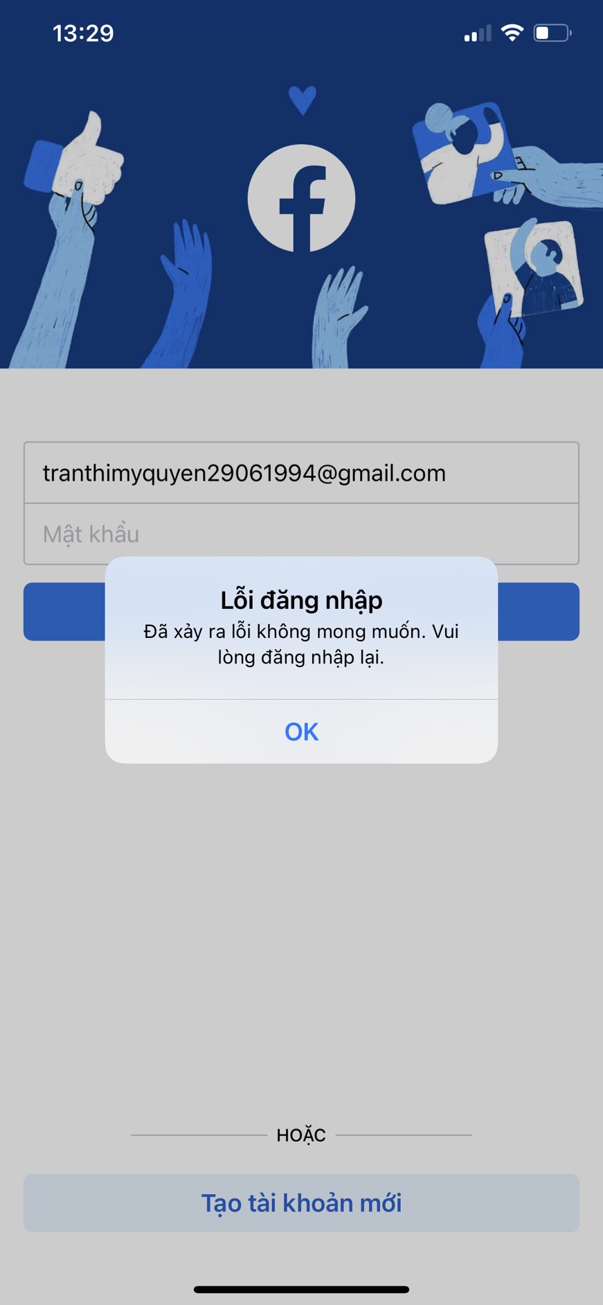 Facebook lỗi đăng nhập đã xảy ra lỗi không mong muốn. vui lòng đăng nhập lại