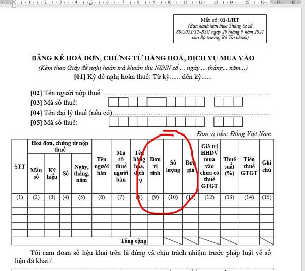 Chủ đề hoàn thuế theo thông tư 80/2021. Bảng kê hóa đơn HHDV mua vào điền chi ti…