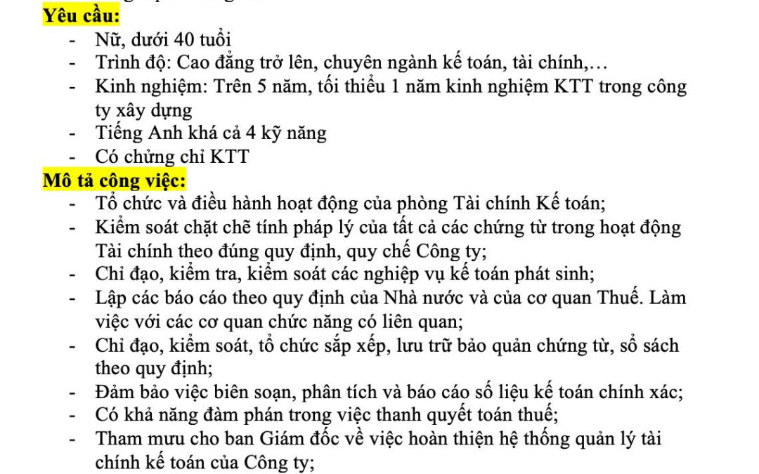 Công ty xây dựng Hàn Quốc đang cần gấp 2 vị trí sau:
  – Kế toán trưởng (based t…