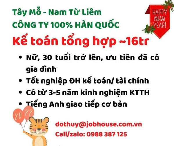 TUYỂN DỤNG KẾ TOÁN TỔNG HỢP
 Công ty 100% vốn Hàn Quốc tuyển dụng Kế toán tổng h…